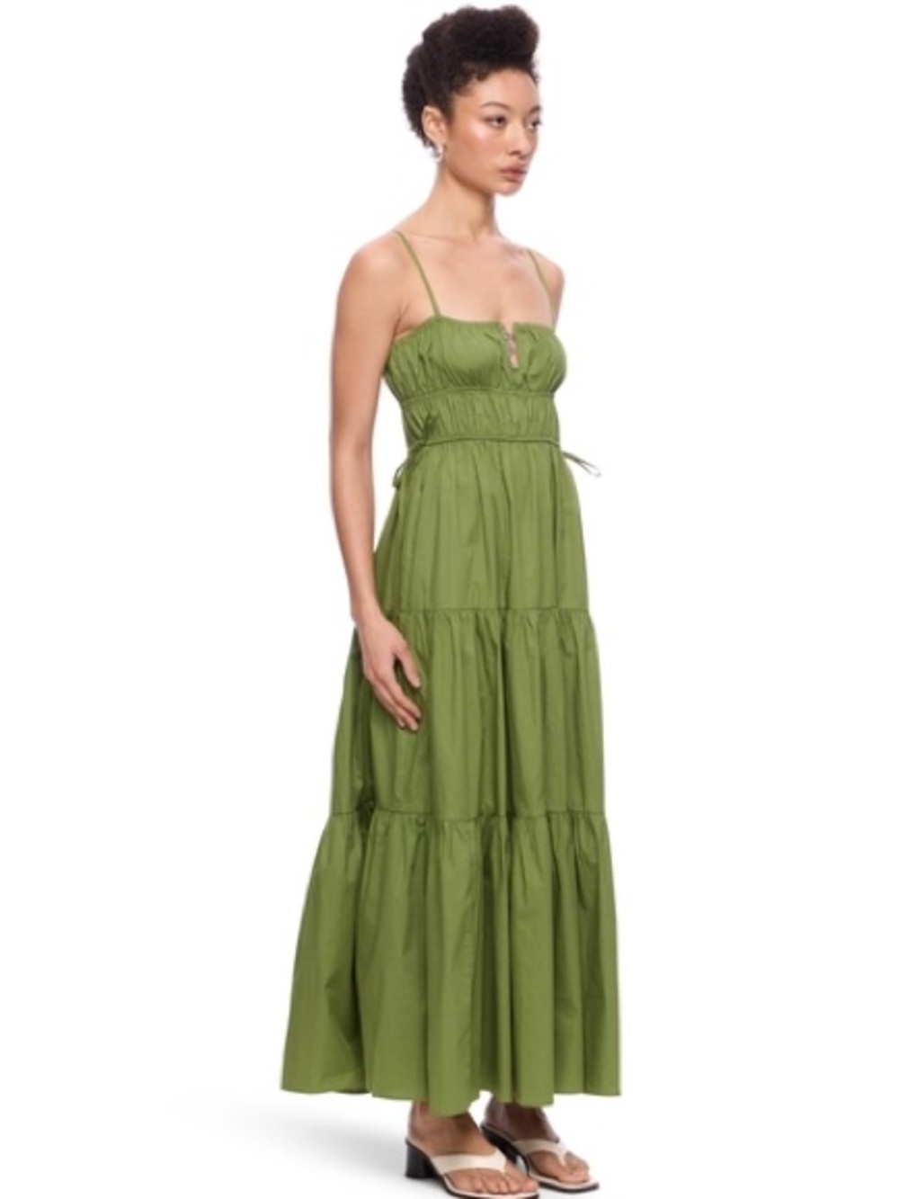 Moon River Olive Green Tiered Midi Dress with Spaghetti Straps